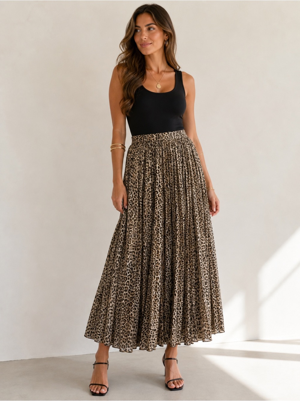 Leopard Print Pleated Maxi Skirt | Elastic Waist Flowy Animal Print Skirt